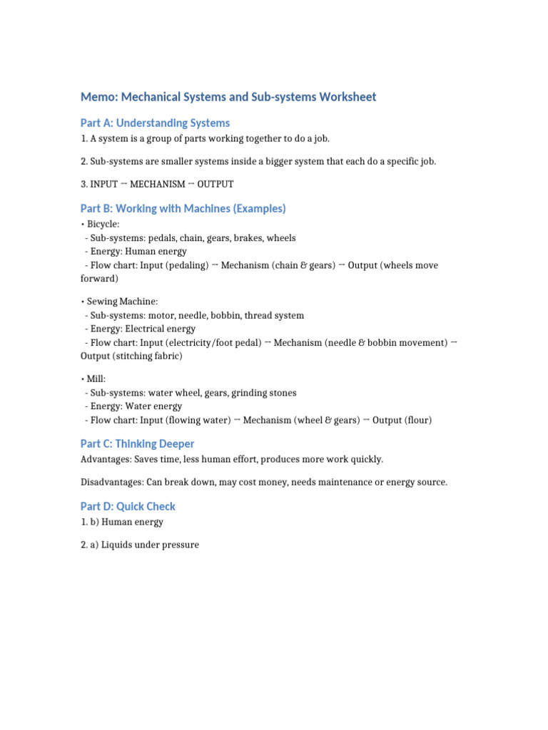 Mechanical Systems Worksheet Overview | PDF