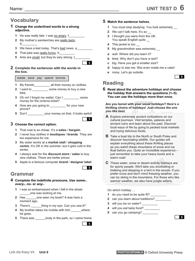 Unit Test D6: Vocabulary & Grammar Practice | PDF