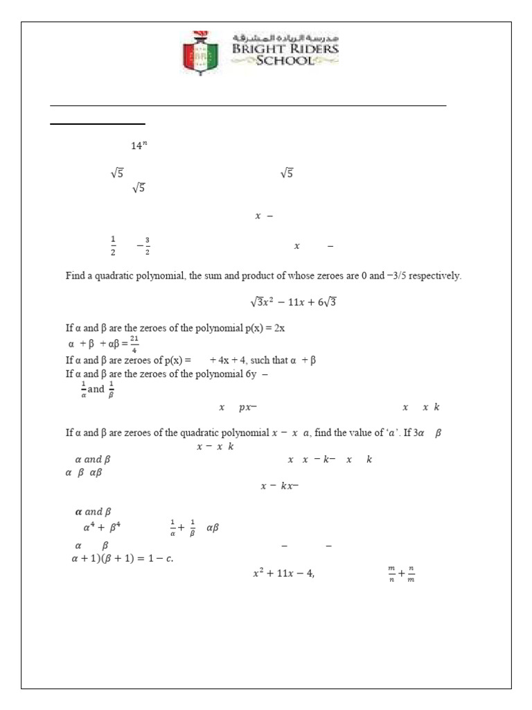 Grade 10 Math Assignment: Polynomials & Zeroes | PDF | Quadratic ...