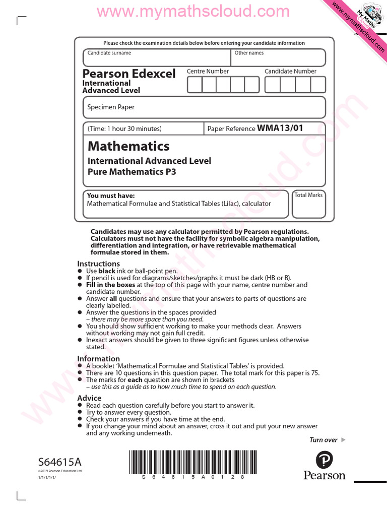 Pure Mathematics P3 Specimen Paper | PDF | Mathematics | Mathematical ...
