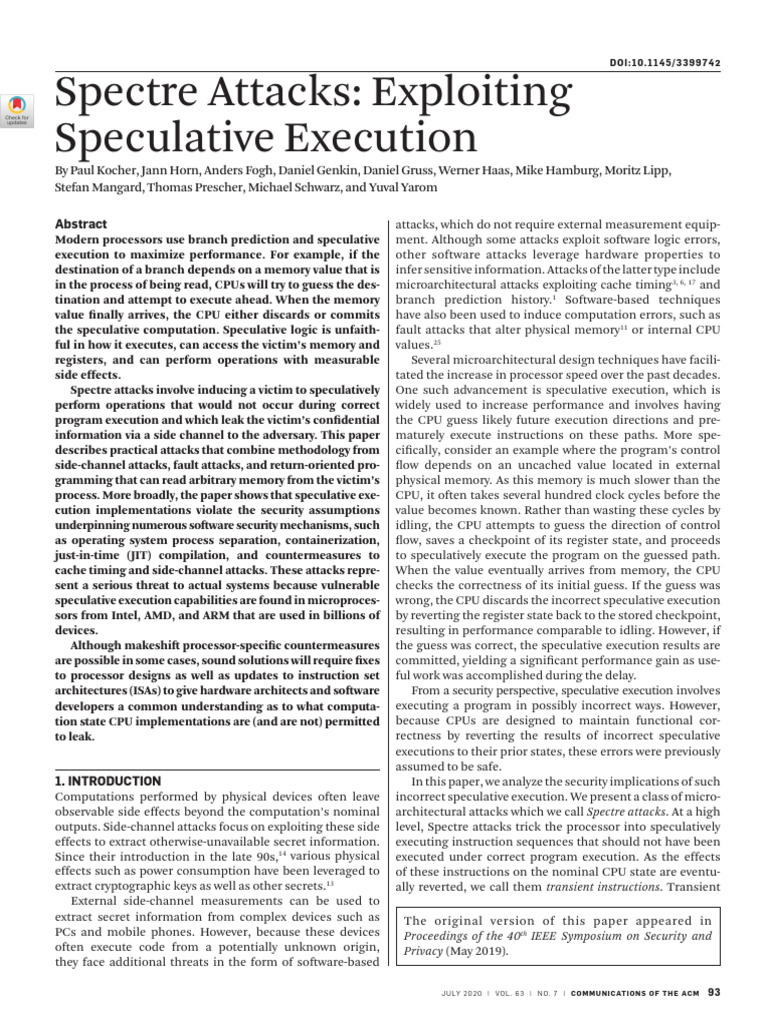 Spectre Attacks on Speculative Execution | PDF | Cpu Cache | Central ...