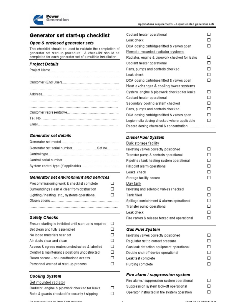 Generator Start Up Checklist 1 0 PDF Leak Hvac