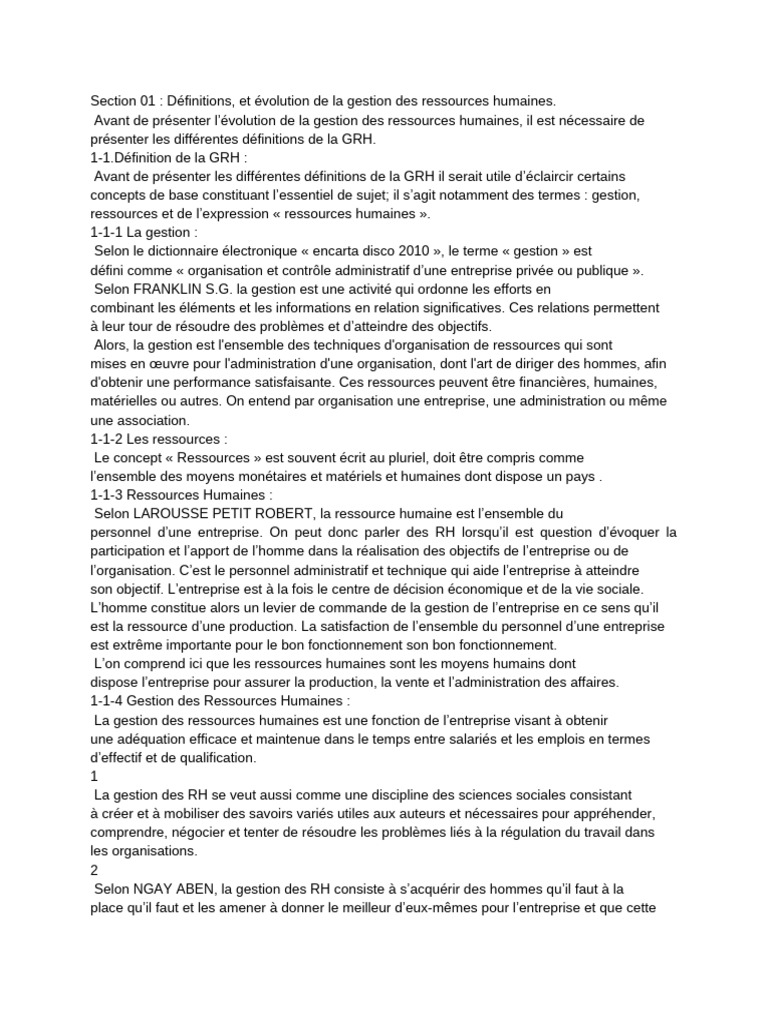 Évolution et définitions de la GRH | PDF | Gestion des ressources ...
