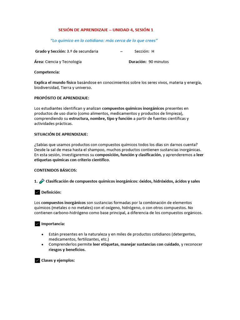 Sesión de Aprendizaje 1 Unidad 4 3ero Cyt | PDF | Ácido | Ácido clorhídrico