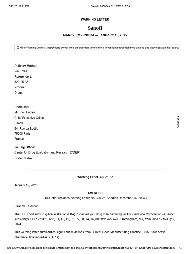 Sanofi FDA Warning Letter 2025 | PDF | Food And Drug Administration