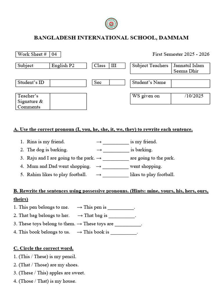 English Pronouns Worksheet for Class III | PDF