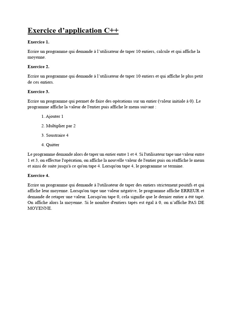 Exercices C++ : Moyenne et Opérations | PDF