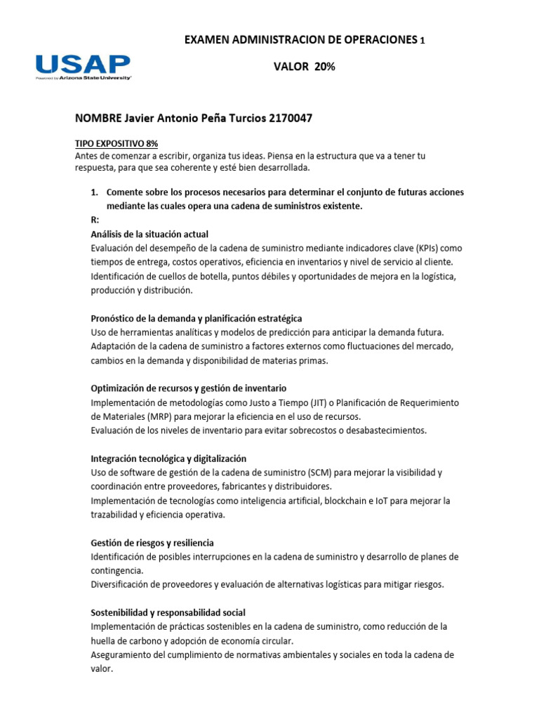 Javier Peña 2170047 EXAMEN ADMON DE OPERACIONES 1 | PDF | Calidad ...