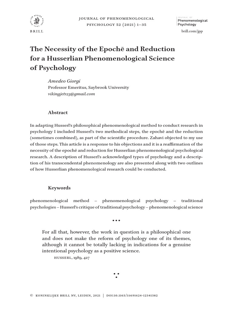 Husserlian Epochē and Reduction in Psychology | PDF | Phenomenology ...