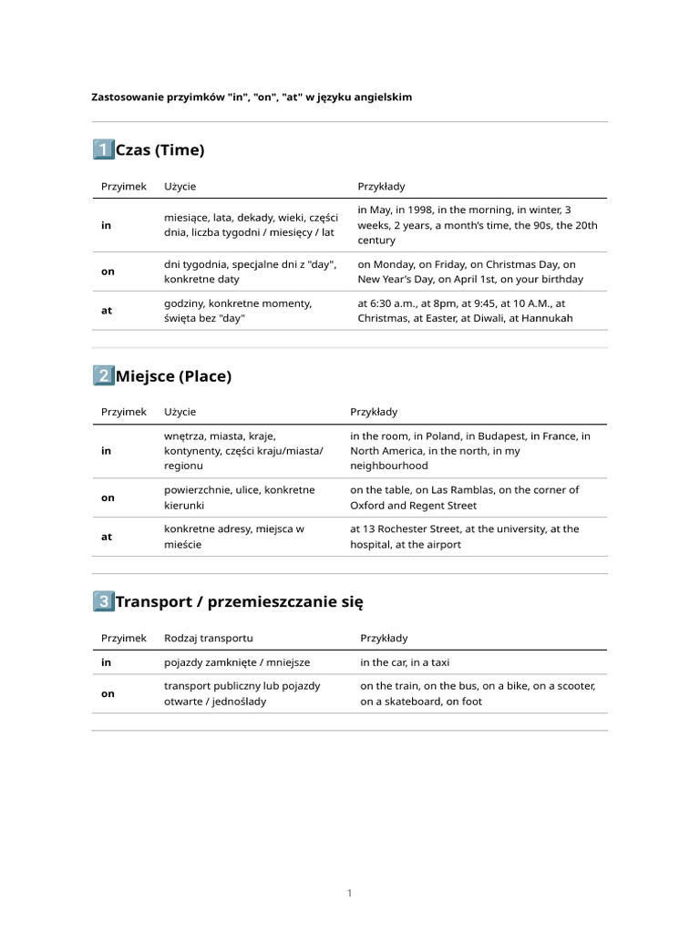 Prepositions in On at Guide | PDF