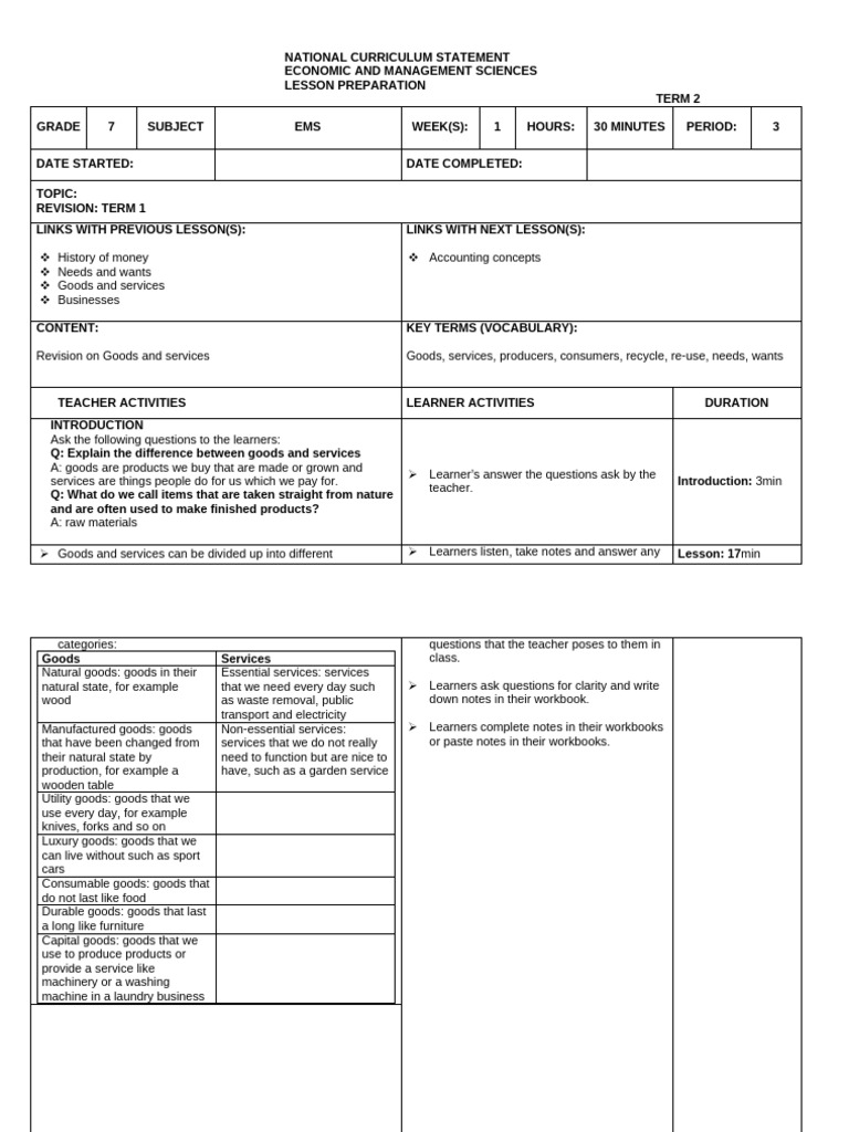 Grade 7 EMS Term 2 Lesson Plan | PDF | Goods | Recycling