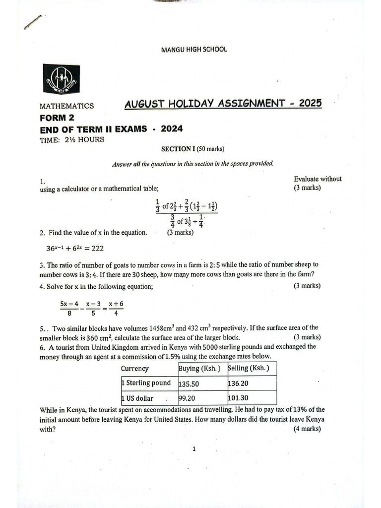 Form 2 August Holiday Assignment | PDF