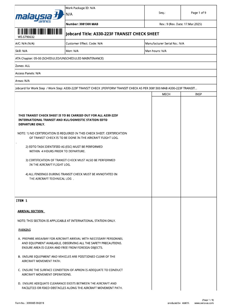 A330 223 Transit Check Sheet | PDF