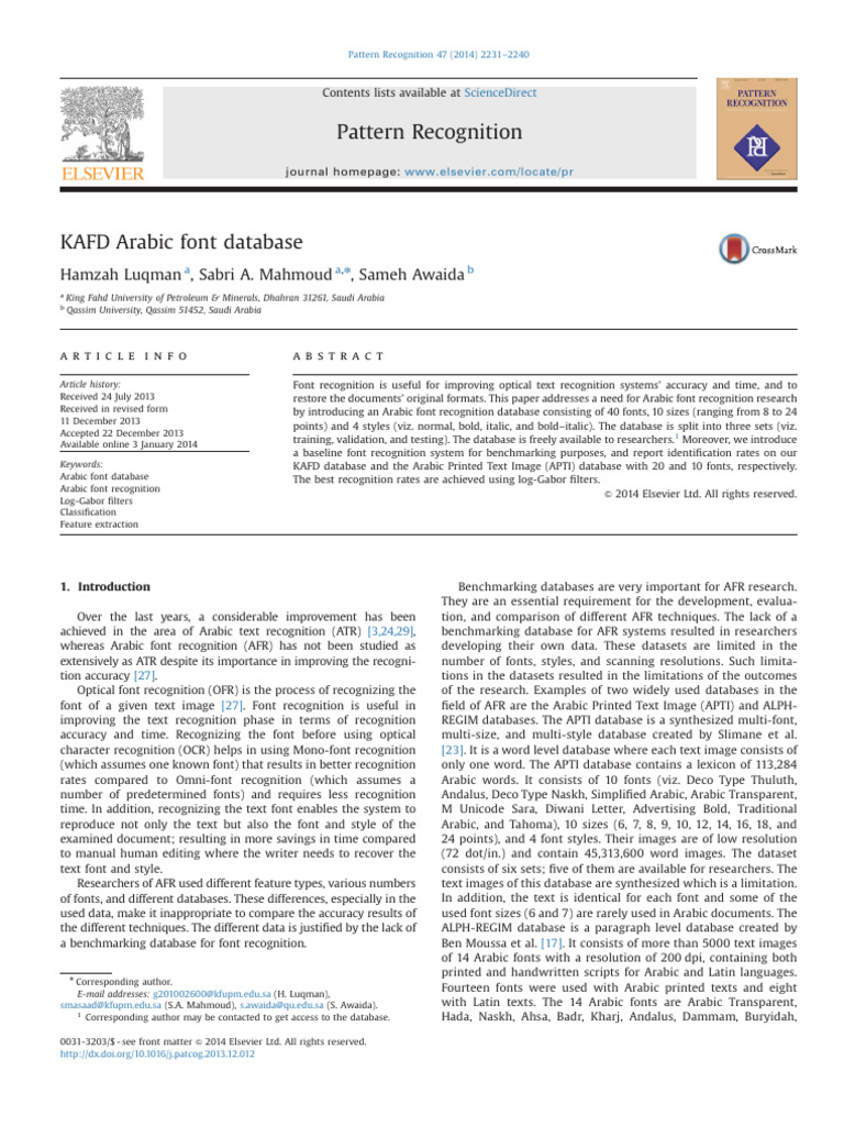 2014-J-KAFD Arabic Font Database - 1-S2.0-S0031320313005463-Main | PDF ...