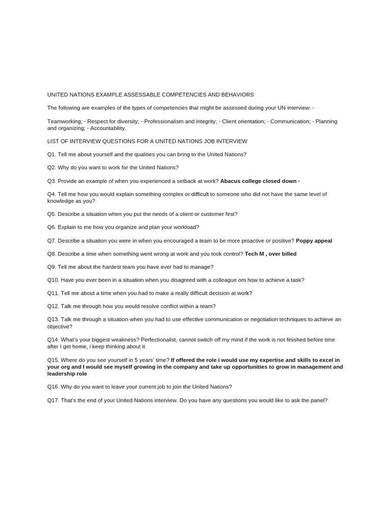 UN Job Interview Competencies & Questions | PDF | United Nations ...