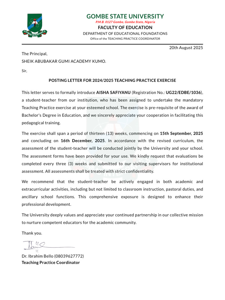 2024/2025 Teaching Practice Posting Letter | PDF