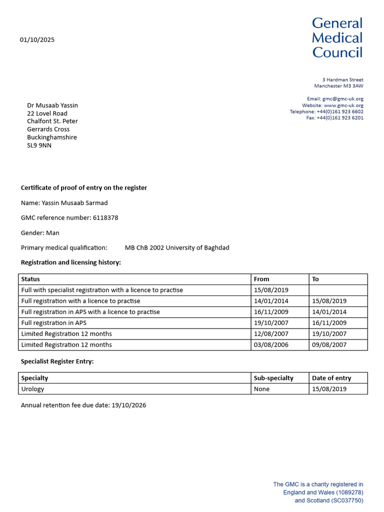 GMC Registration Certificate for Dr. Sarmad | PDF | Medicine | Health Care
