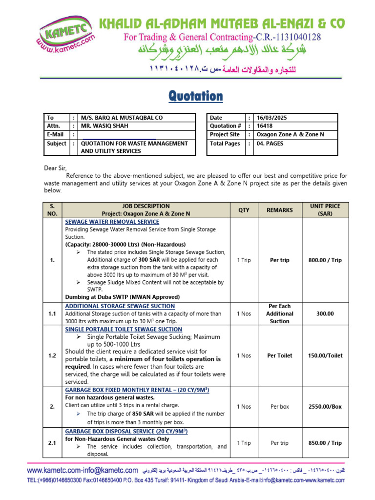 Waste Management Quotation for Oxagon | PDF | Waste | Waste Management