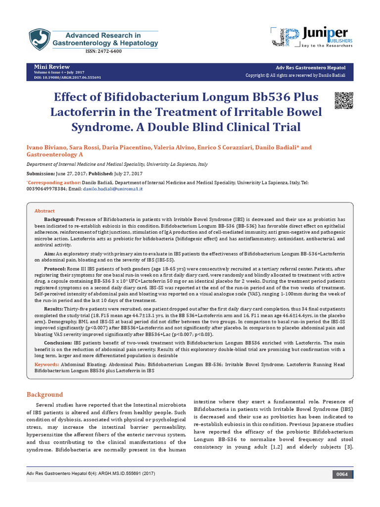 Bifidobacterium Longum BB536 and Lactoferrin for IBS | PDF | Irritable ...