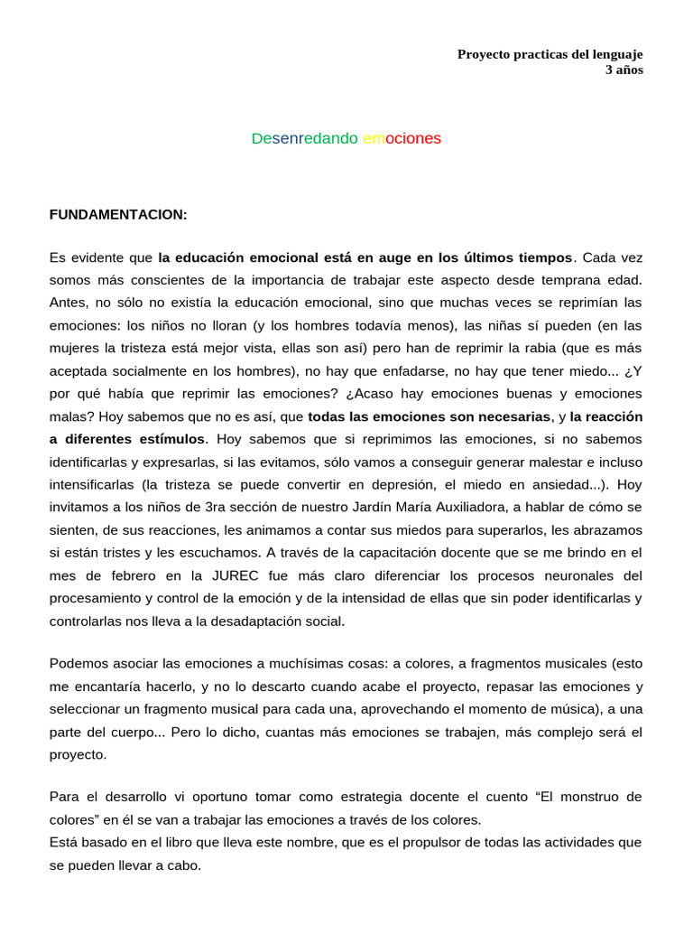 Proyecto Emociones - 3 Años - Prop 1 | PDF | Las emociones | Conceptos ...