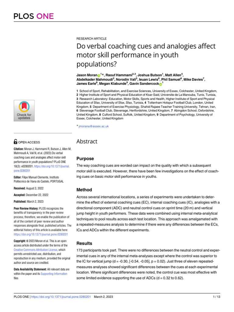 Impact of Coaching Cues on Youth Skills | PDF | Effect Size | Attention