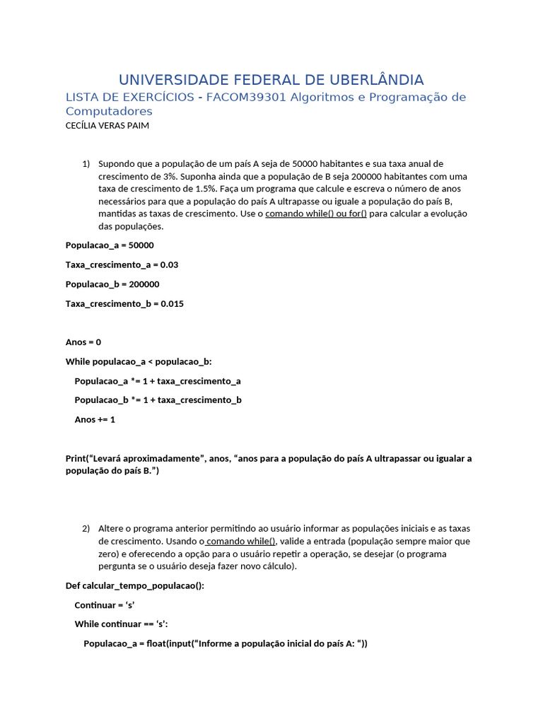 Exercícios de Algoritmos em Python | PDF | Acidentes de trânsito ...