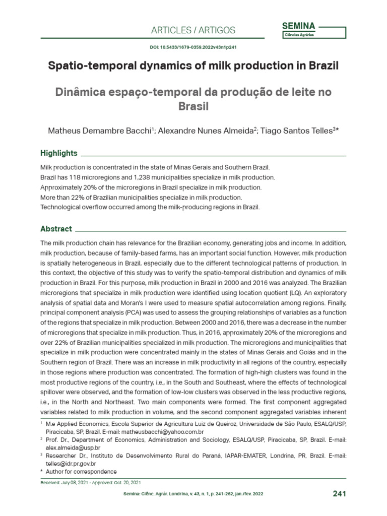 Spatio-Temporal Dynamics of Milk Production in Brazil | PDF | Spatial ...