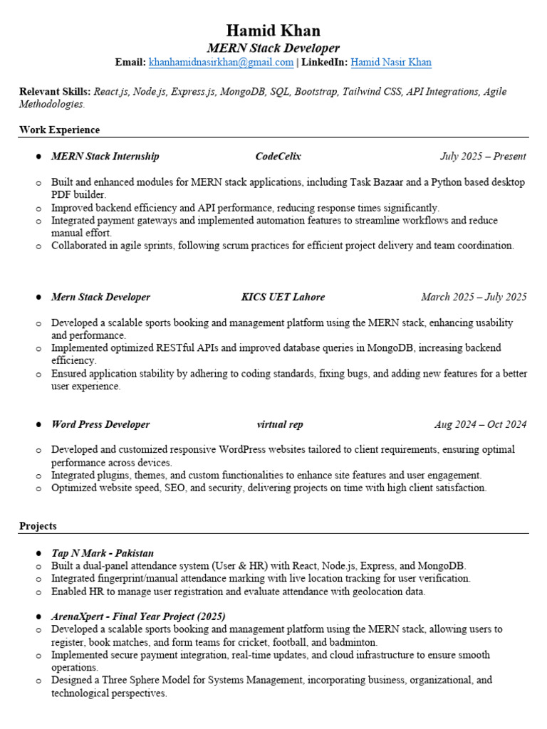 Hamid - MERN Stack Developer | PDF | Word Press | Software Development