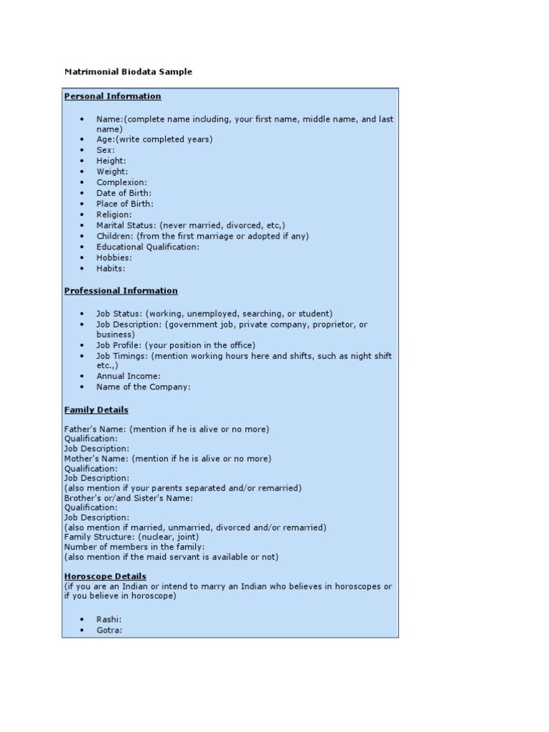 Matrimonial Biodata Sample