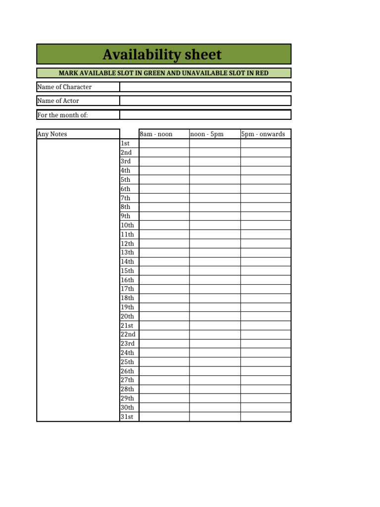 Availability Sheet Template 2 | PDF