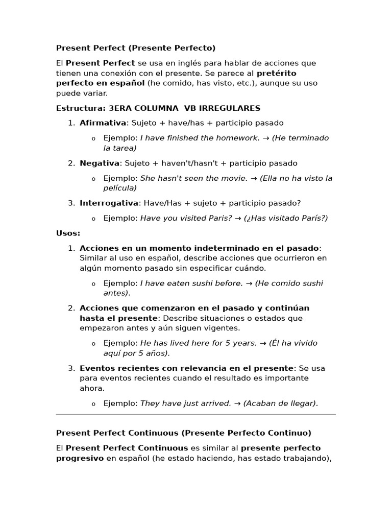 Uso del Present Perfect en inglés | PDF | Mecánica del lenguaje | Gramática