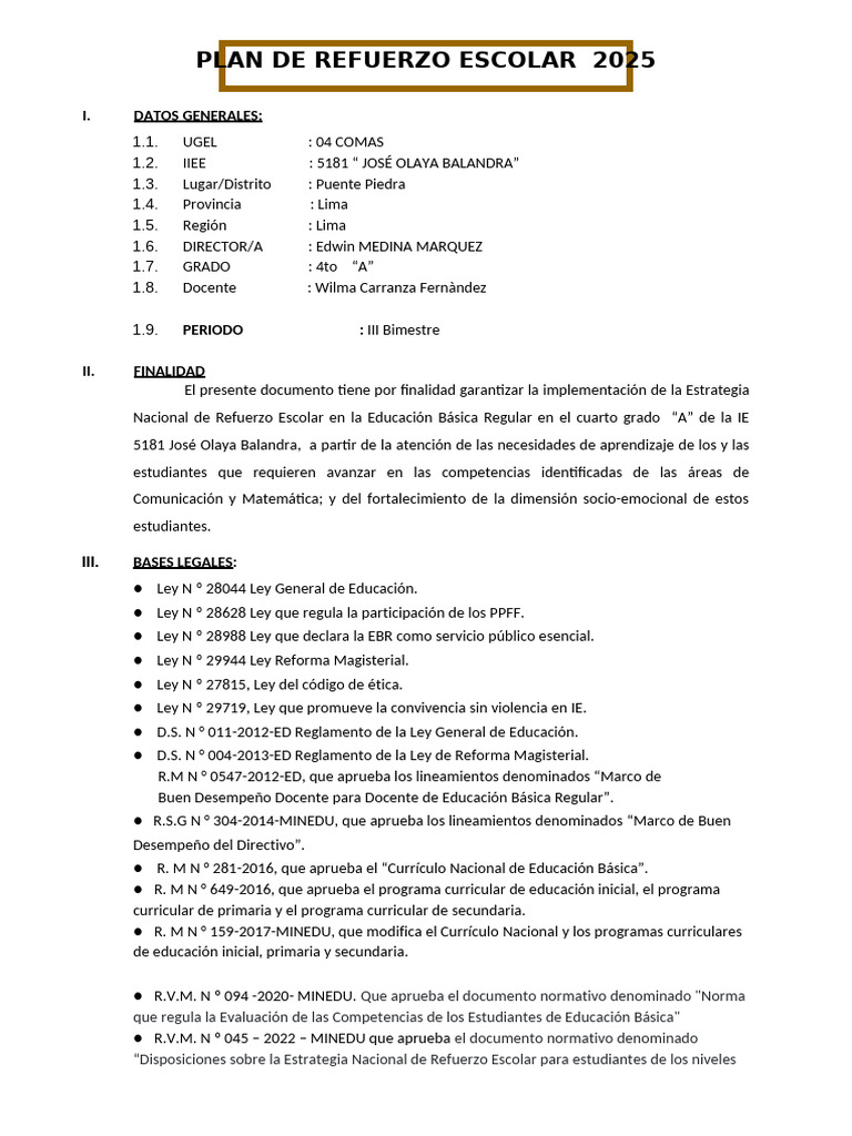 Plan de Refuerzo Escolar 2025 en Lima | PDF | Educación primaria ...