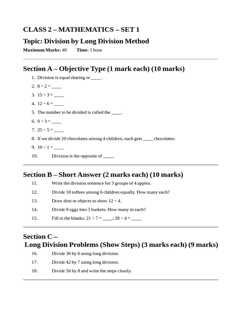 Long Division Math Worksheet for Class 2 | PDF