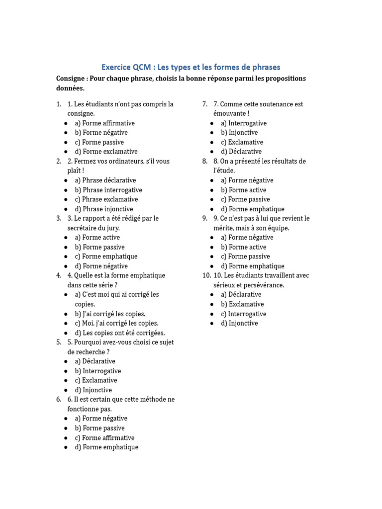 Types et formes de phrases en QCM | PDF