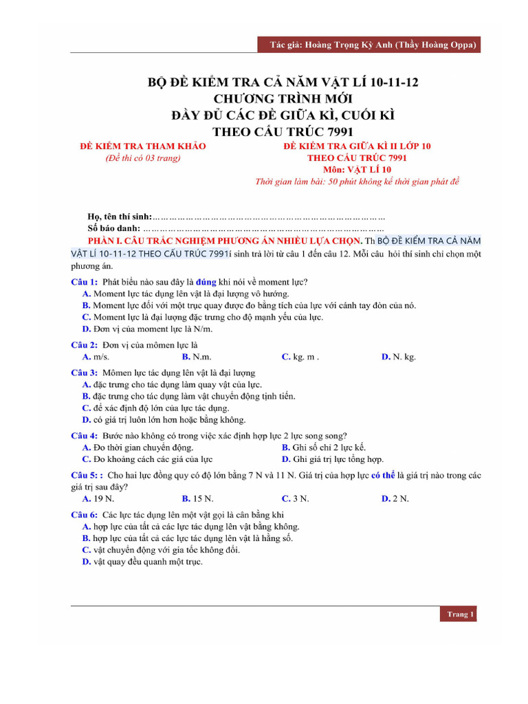 Bo de Kiem Tra CA Nam Vat Li 101112 Theo Cau Truc 7991 | PDF