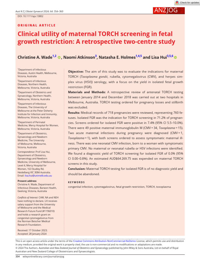 Aust NZ J Obst Gynaeco - 2024 - Wade - Clinical Utility of Maternal ...
