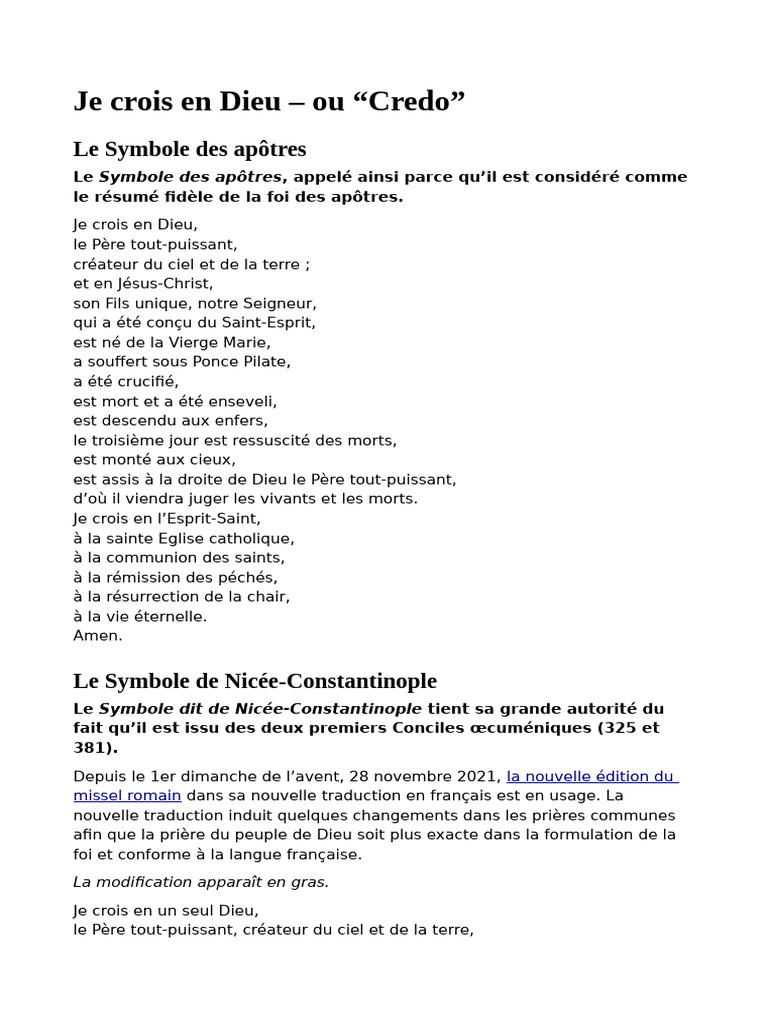 Le Credo des Apôtres et de Nicée | PDF | Doctrines et croyances ...
