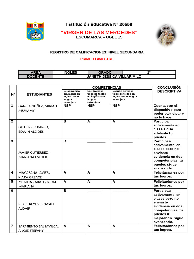 Registro de Calificaciones Inglés Secundaria | PDF | Idiomas del Reino ...