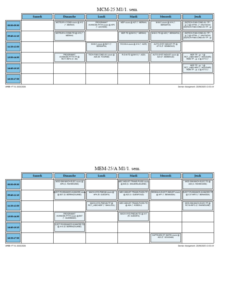 Emploi du temps M1 S1 2025/2026 | PDF