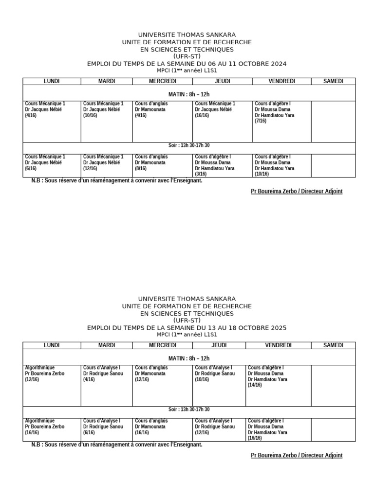 Emploi du temps MPCI L1S1 - Octobre 2024-2025 | PDF