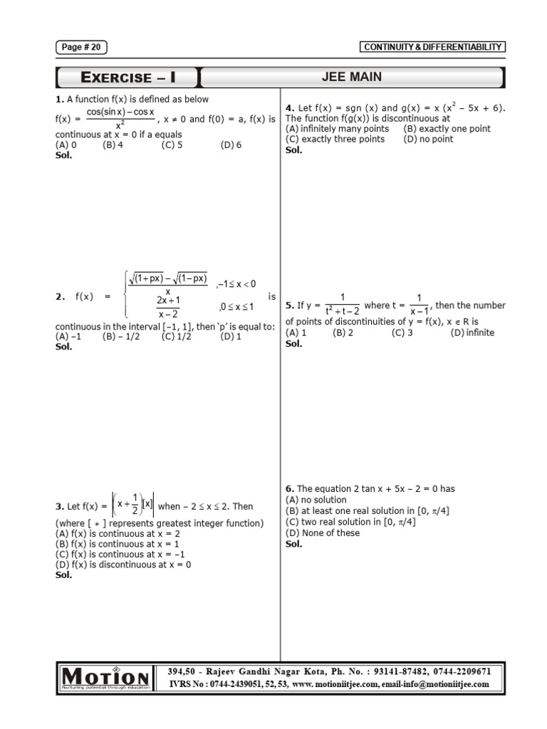 Motion Con Diff Excercise | PDF | Function (Mathematics) | Continuous ...