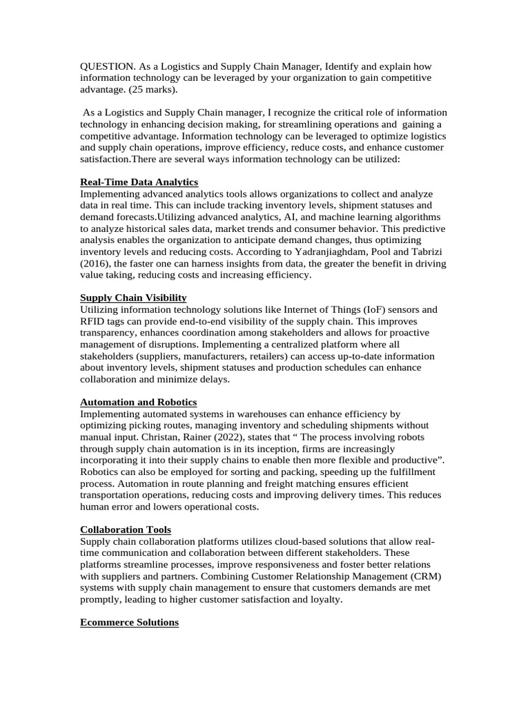As A Logistics and Supply Chain Manager | PDF | Supply Chain | Logistics