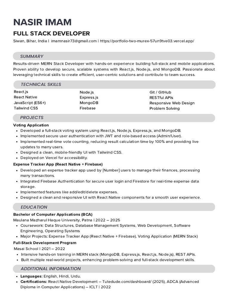 Full Stack Developer Portfolio Summary | PDF