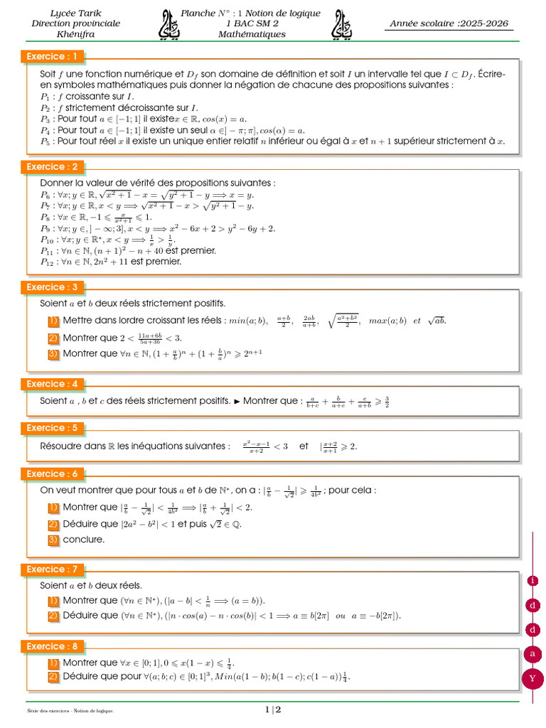 Exercices De Logique Math matique 1 BAC SM2 PDF G om trie Objets 