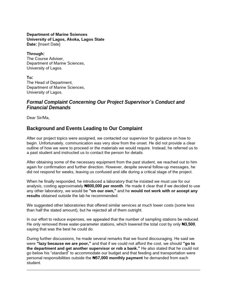 Complaint on Project Supervisor's Conduct | PDF