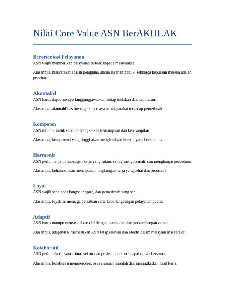 Nilai Core Value ASN: BerAKHLAK dan Kompetensi | PDF