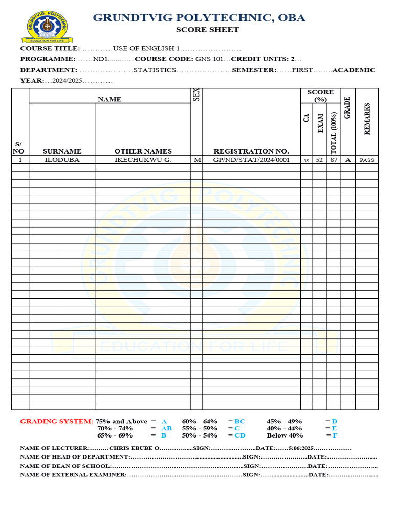 Use of English 1 Score Sheet 2024 | PDF