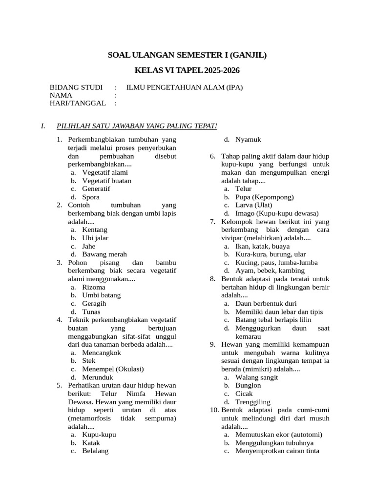 Soal Ulangan IPA Kelas VI Ganjil | PDF