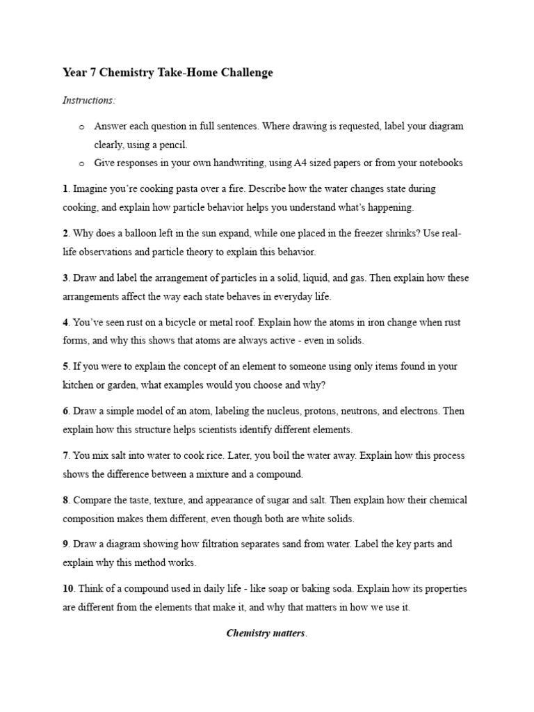 Year 7 Chemistry Challenge: States & Atoms | PDF