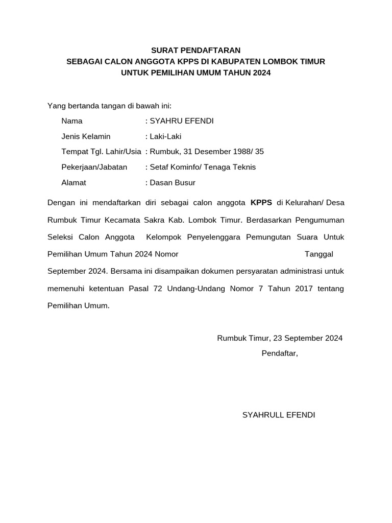 Format Dokumen Pendaftaran KPPS 2023 | PDF
